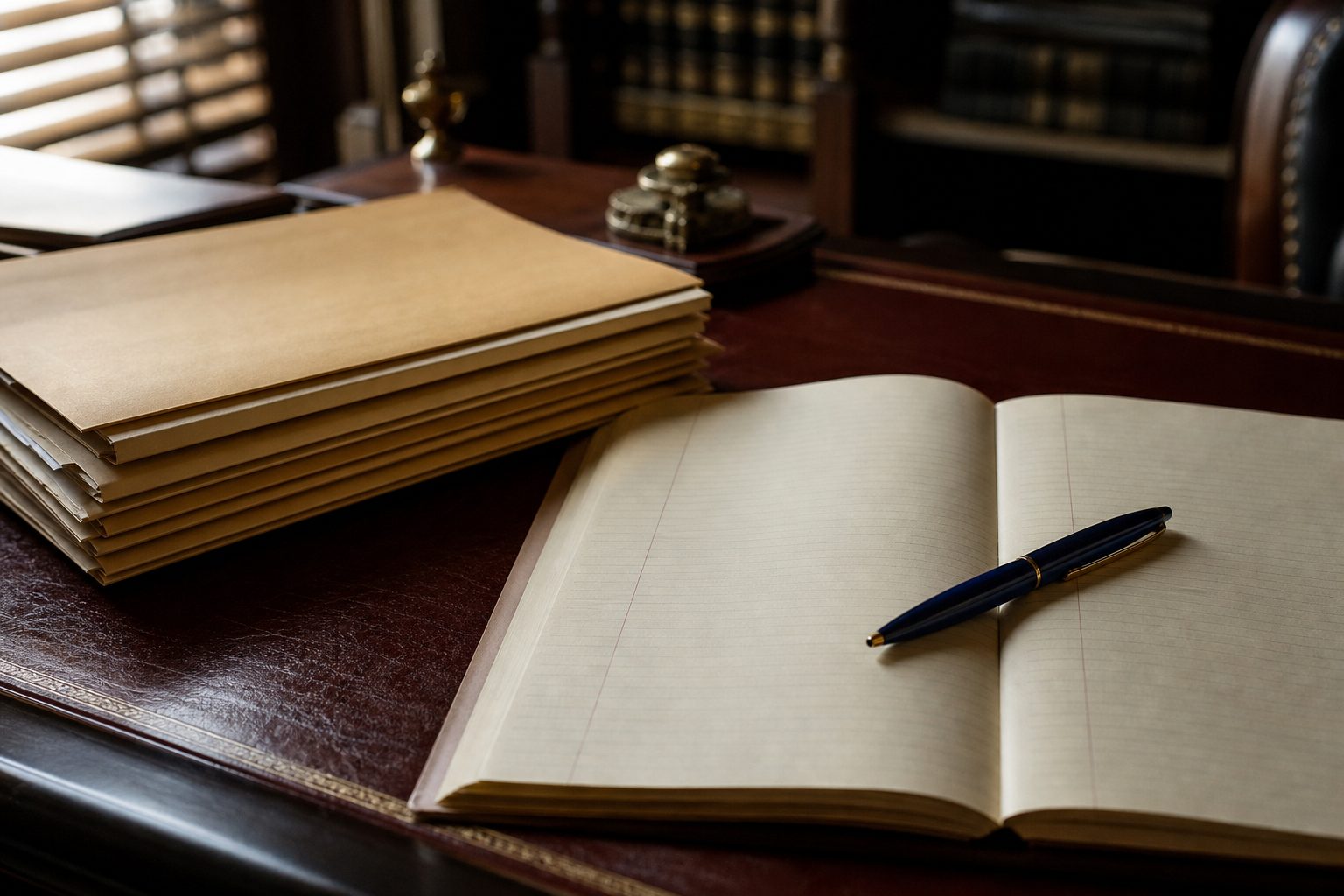 Closed manila case files stacked beside an open index ledger on an attorney desk in warm side light