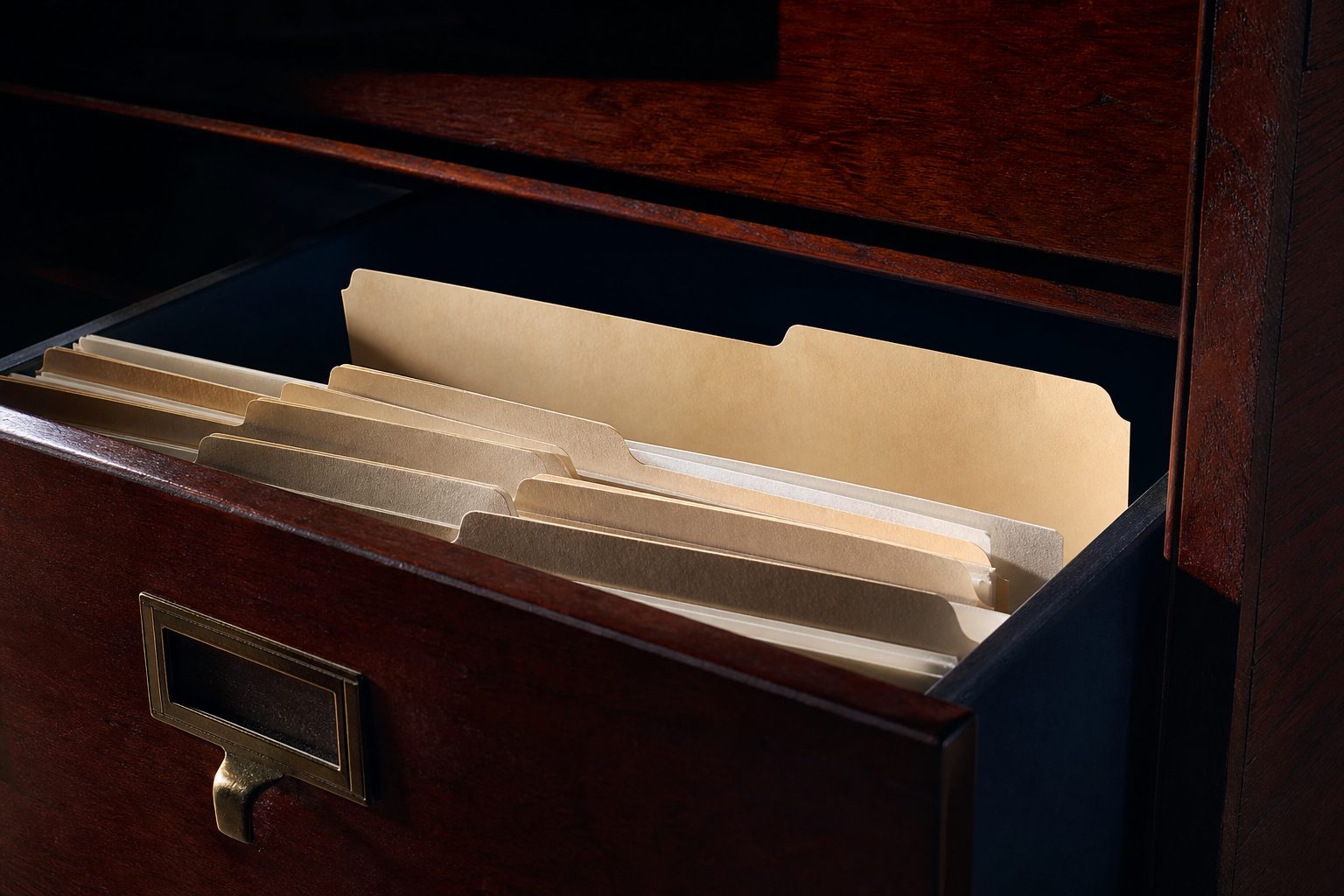 A manila folder slipped behind a row of upright files inside a wooden drawer in raking light