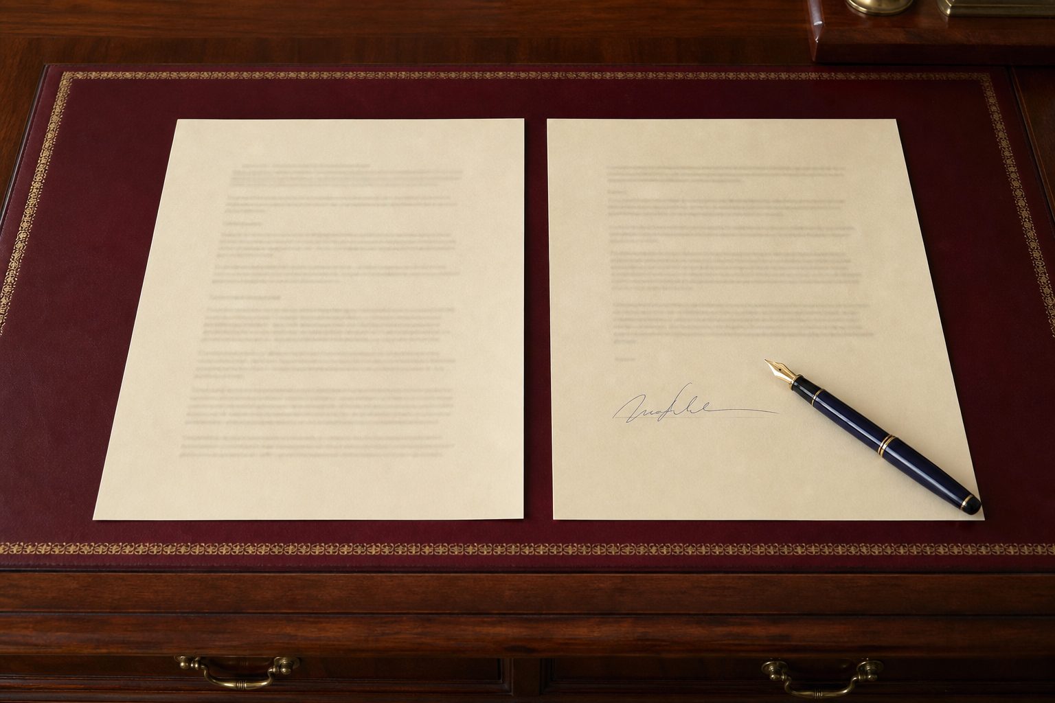 Two letters laid side by side on a desk with a navy fountain pen resting on the signed one