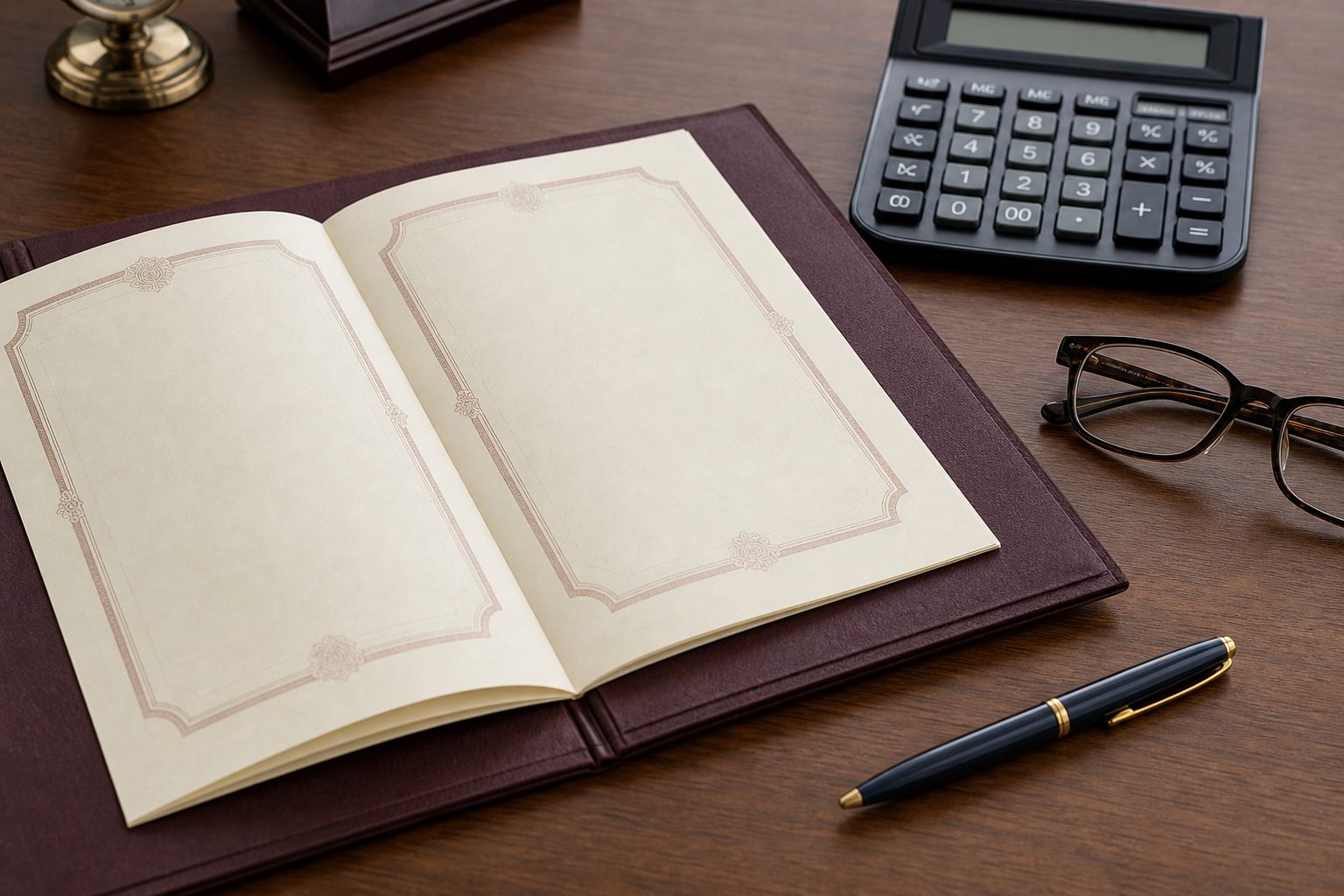 An open insurance policy booklet beside a calculator and reading glasses on a small office desk