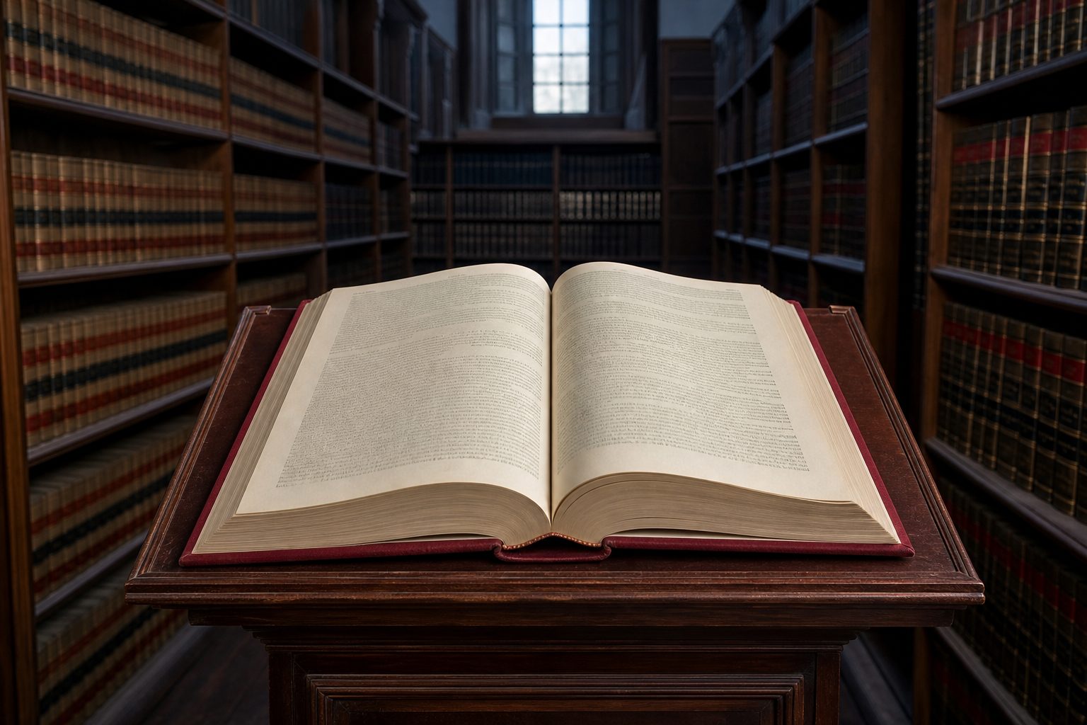 An open cloth bound rulebook on a lectern in a law library aisle lit by high window light