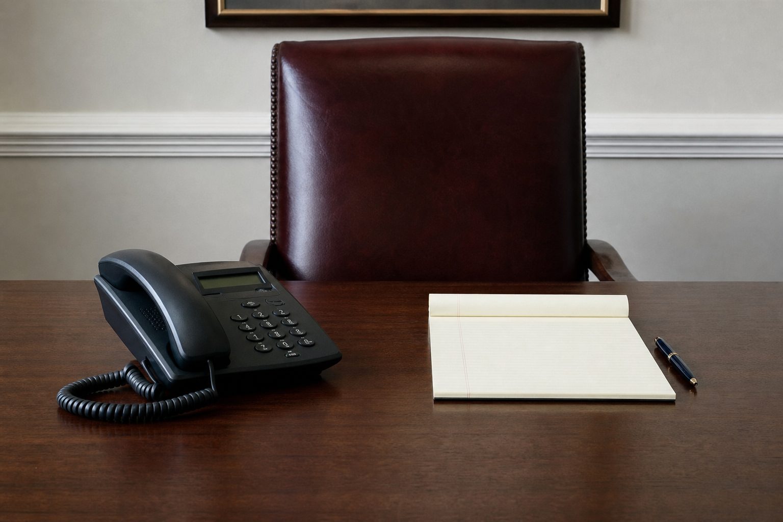 A corded desk telephone and a legal pad on a bare office desk in flat institutional morning light