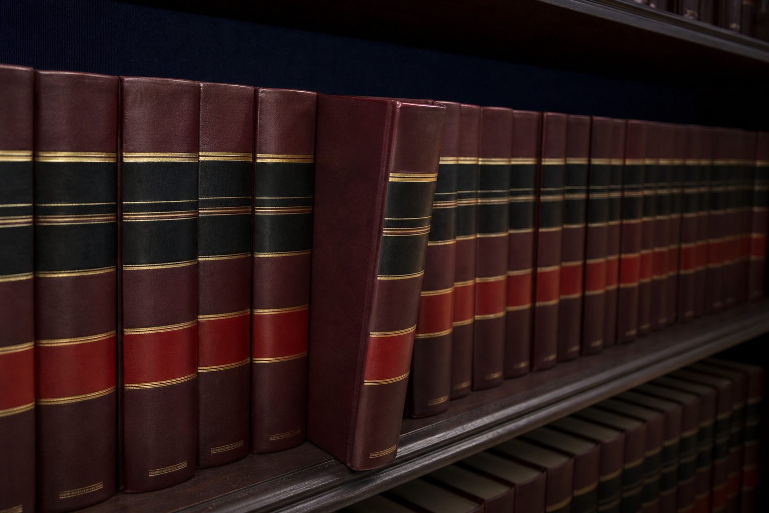 A shelf of law reporter volumes with one pulled slightly forward, lit by quiet directional light