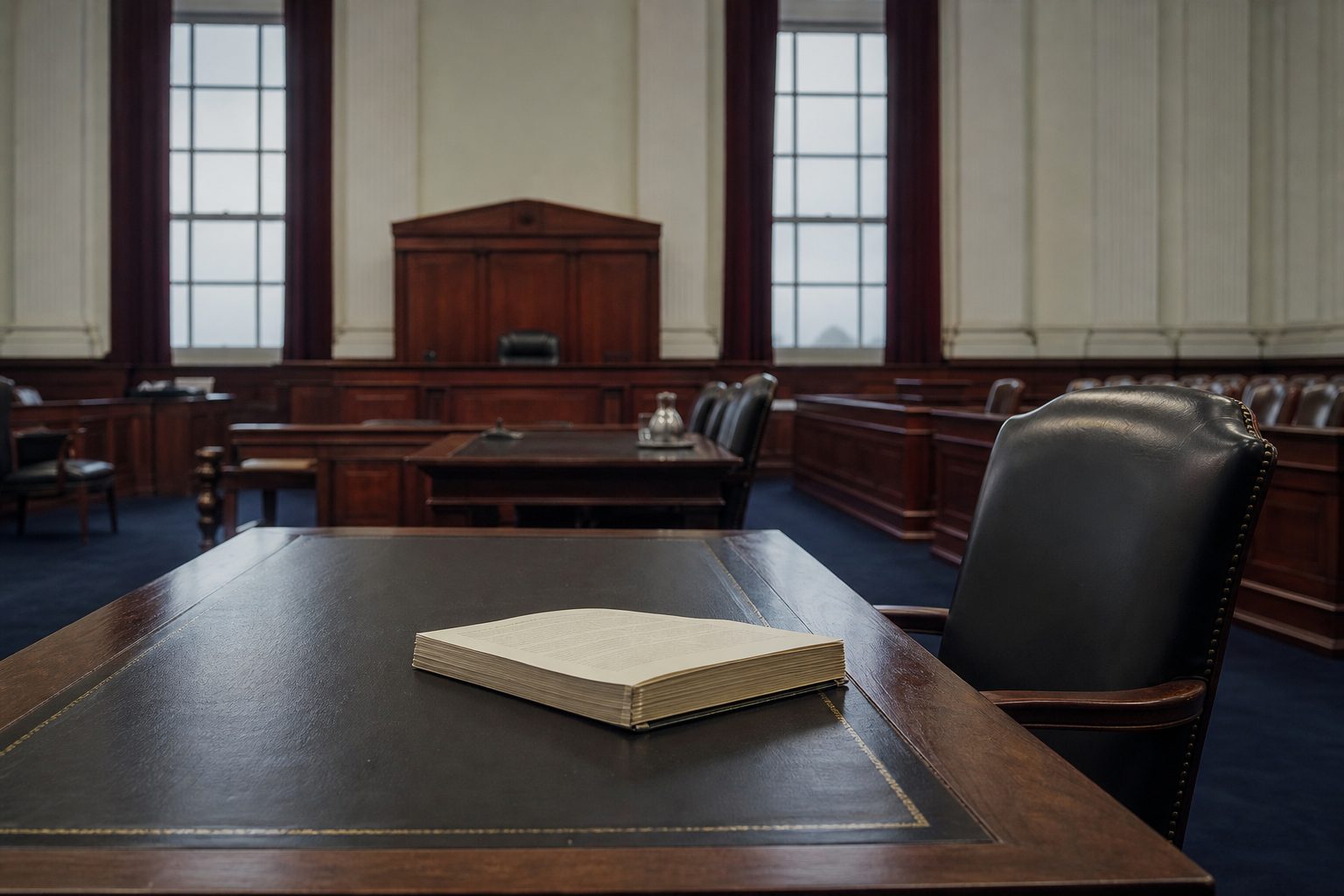 A bound motion resting on an empty counsel table in a quiet wood paneled courtroom