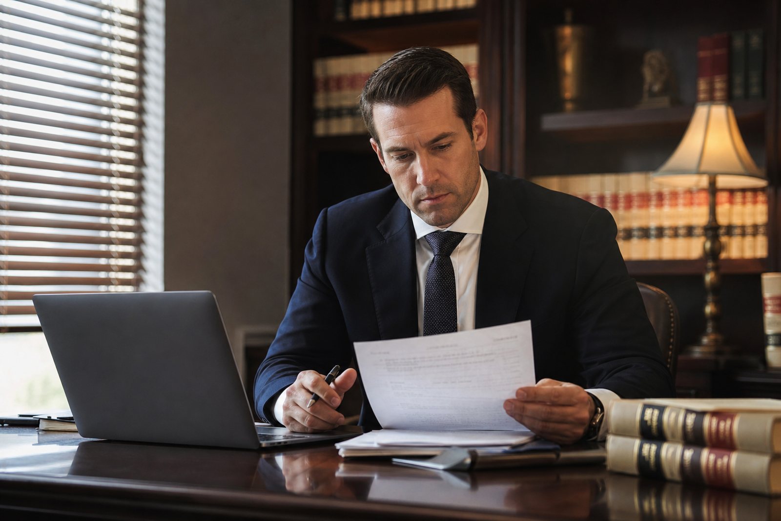 Solo attorney at a wooden desk reviewing a client intake form beside a laptop, law books and a brass lamp behind her