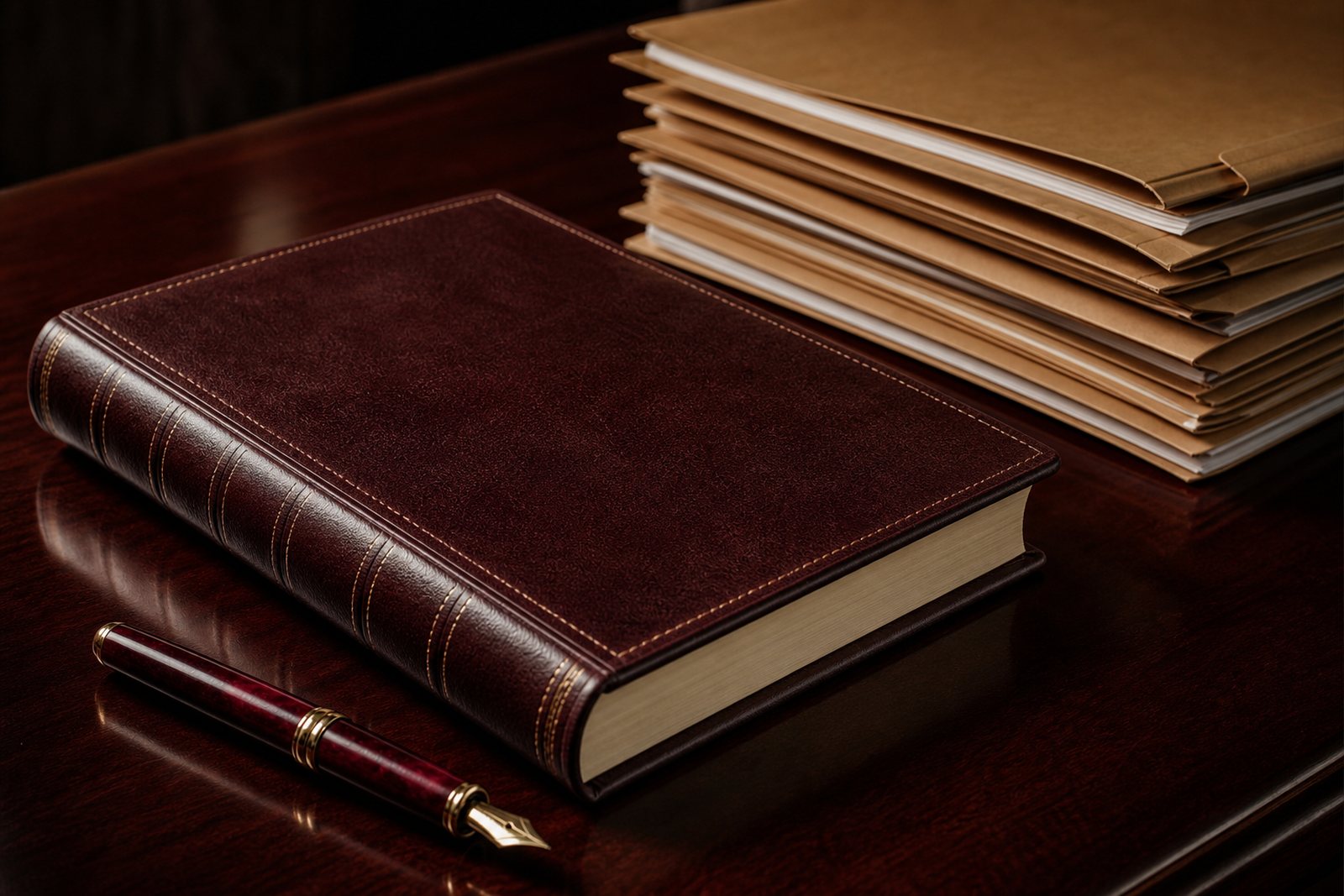 Leather bound legal ledger, fountain pen and a stack of manila matter folders on a mahogany desk